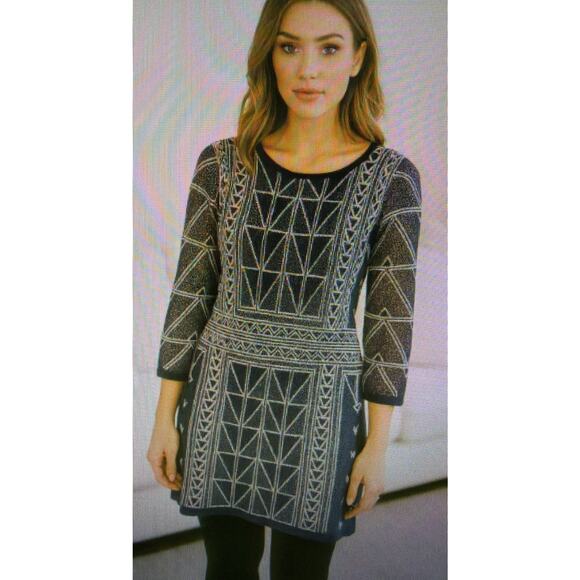 Peruvian Connection women's XS Cotton Tunic silver Blue White Aztec bohemian - Picture 1 of 12